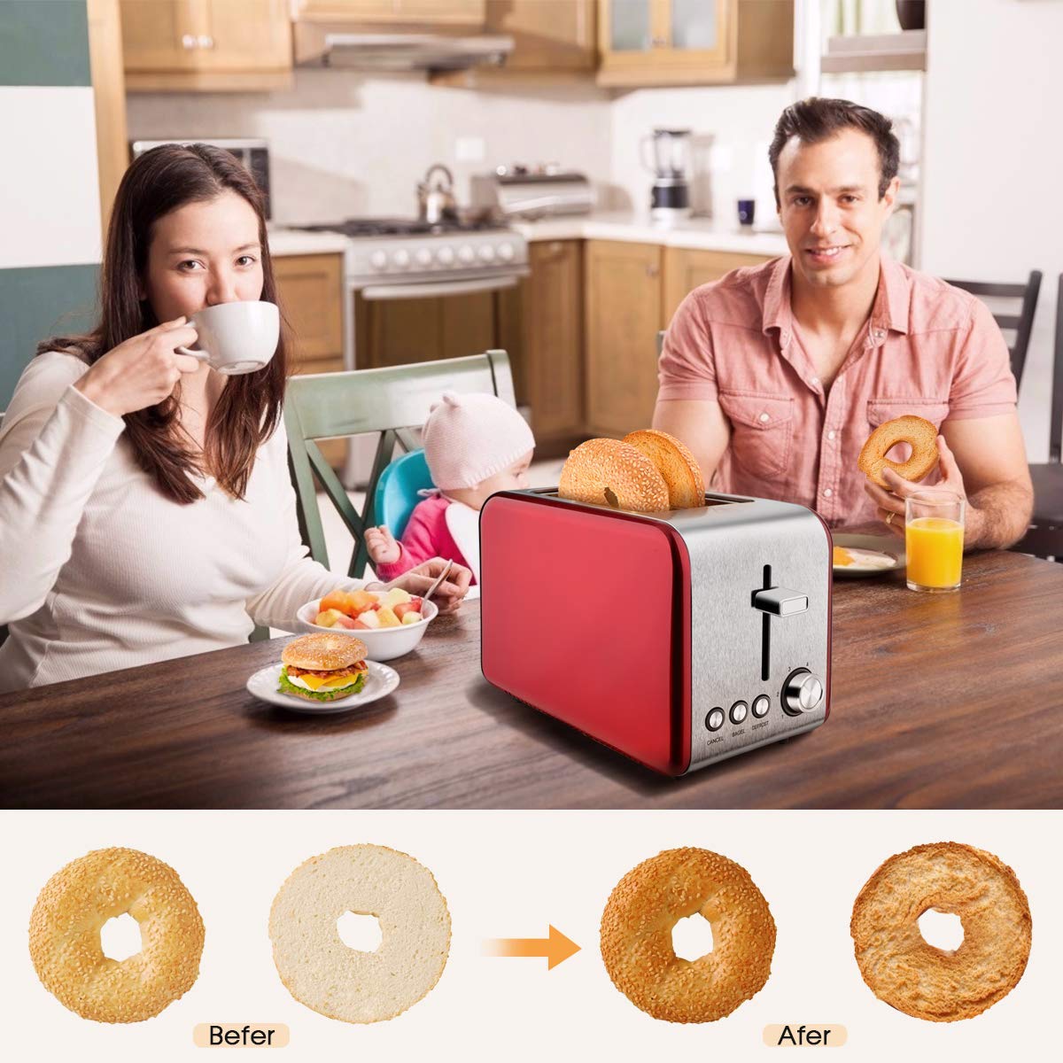 2 Slice Toaster, MKG Stainless Steel Bagel Toaster with Extra Wide Slots, 6 Shade Settings, Bagel/Defrost/Cancel Function, Removable Crumb Tray, High Lift Lever, Red