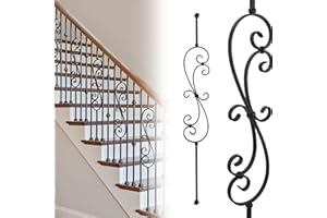 SIDASU 5-Pack Skinny Scroll Iron Balusters for Staircase Interior,44" Decorative Metal Balusters for Decks, S Balusters 1/2" Square Metal Balusters with Iron Baluster Swivel Shoes