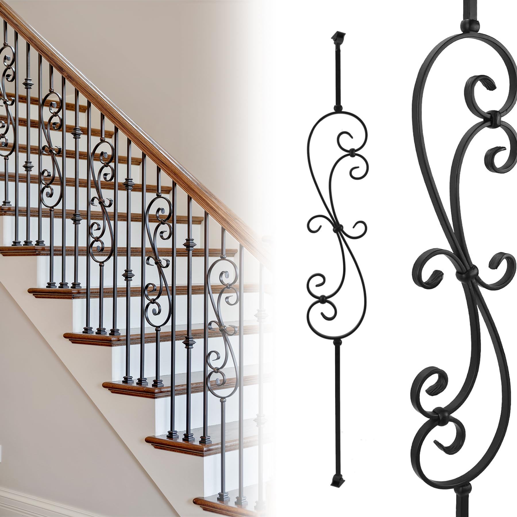 Photo 1 of 5-Pack Skinny Scroll Iron Balusters for Staircase Interior,44" Decorative Metal Balusters for Decks, S Balusters 1/2" Square Metal Balusters with Iron Baluster Swivel Shoes