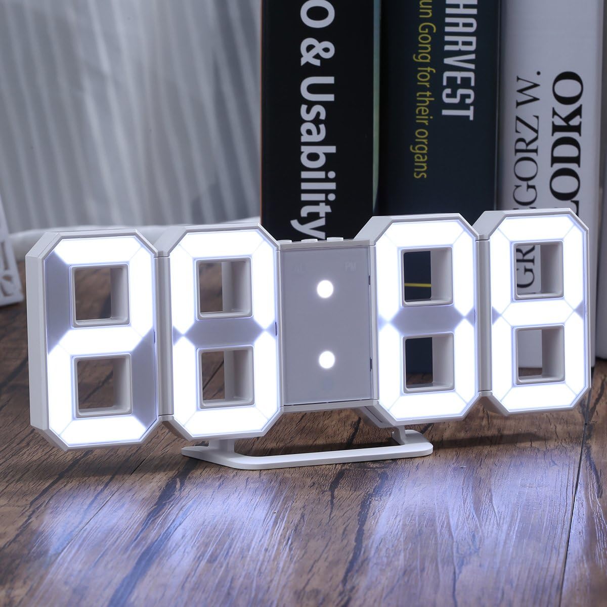 Digital Wall Clock LED Digit Alarm Clock 3D Display with Brightness Dimmer, Snooze Timer, USB Charge DC Power -- White