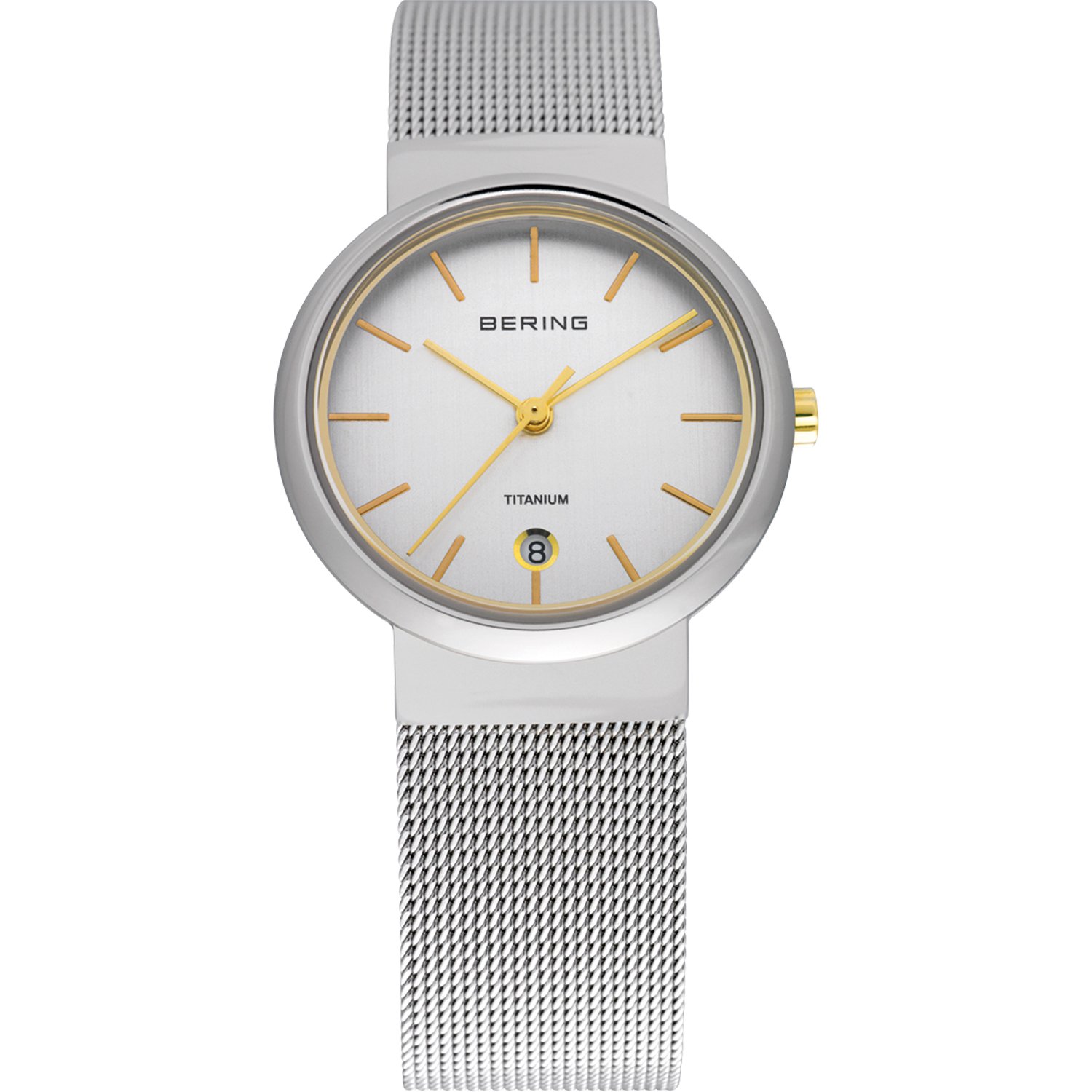 BERING Women's Quartz Watch, 29 mm Silver Titanium Case and White Dial, Milanese Strap, Sapphire Crystal, 3 ATM, 11029-004