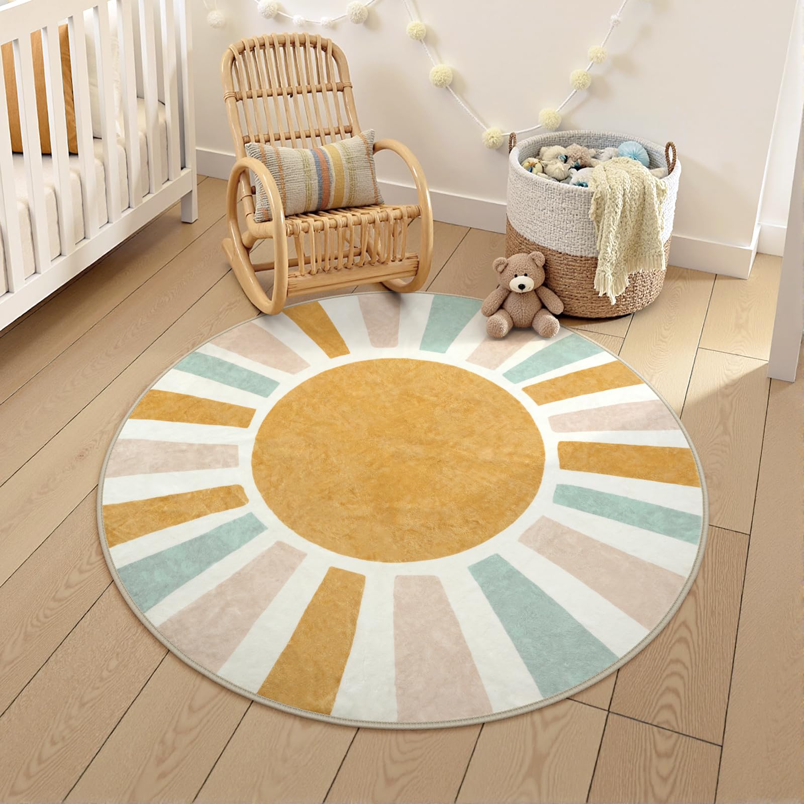 Photo 1 of LIVEBOX Retro Sun Round Rug 4ft Boho Rug for Nursery Room,Non-Slip Circle Ultra Soft Cute Colorful Kids Rugs for Bedroom,Washable Throw Area Rugs Carpet for Living Room Indoor Office