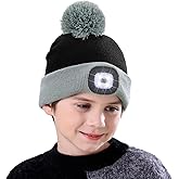 MELASA Hat with Light for Kids, Boys Girls Headlamp Beanie Winter Hat with Pom-Pom, Christmas Stocking Cap Stuffers Gifts