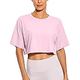 CRZ YOGA Pima Cotton Loose Crop T-Shirts for Women - Workout Yoga Casual Athletic Running Short Sleeve Shirts Crewneck Tops