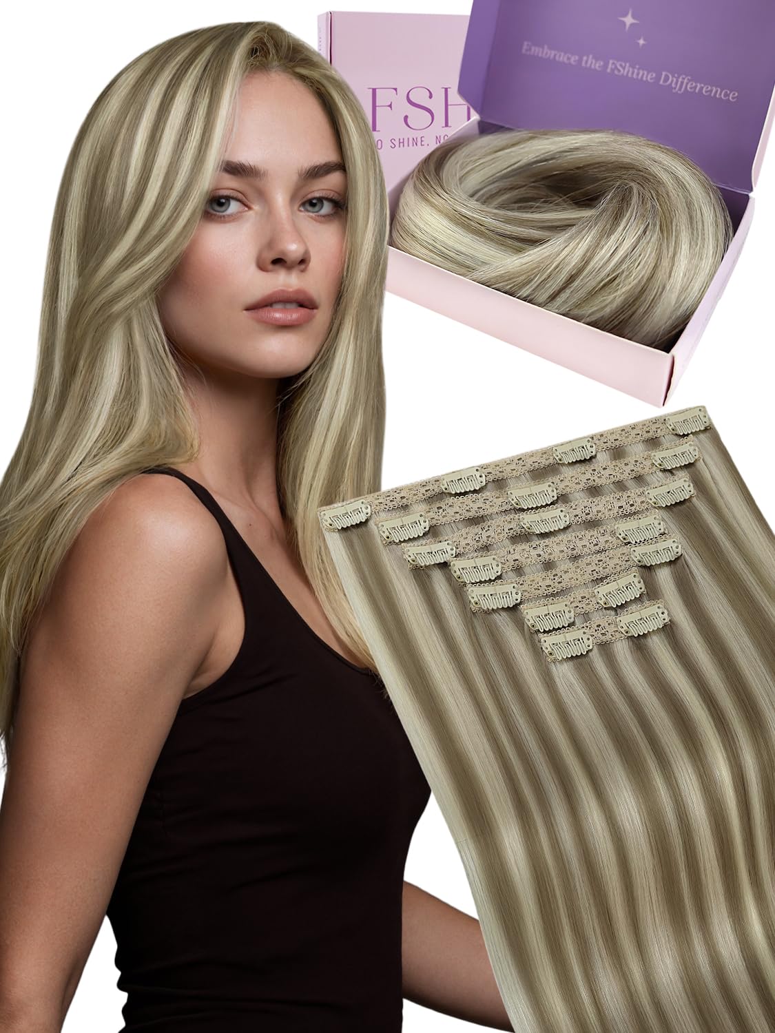 Fshine Clip In Hair Extensions Human Hair Blonde Highlight Clip In Extensions Colour Ash Brown Mix Platinum Blonde 7 Pcs 120 Grams Human Hair Extensions Clip In Human Hair Full Head 35cm, 120.0 grams — image 1