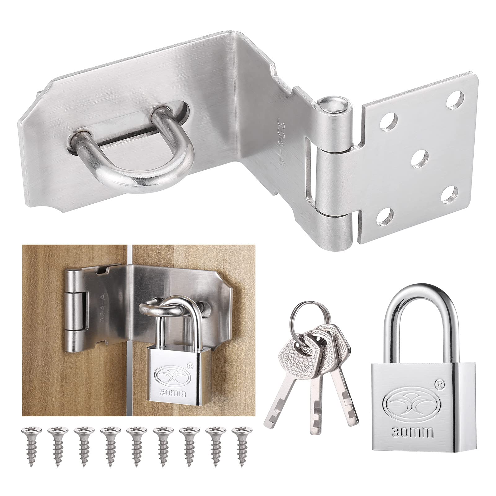 Hejo 90 Degree Door Latch Hasp with Doors Padlock and Screws, Stainless Steel Hasp and Staple, Right Angle Padlock Hasp, Nondeformable Lock for Bedroom Door, Shed Doors, Wooden Gate Windows Garage