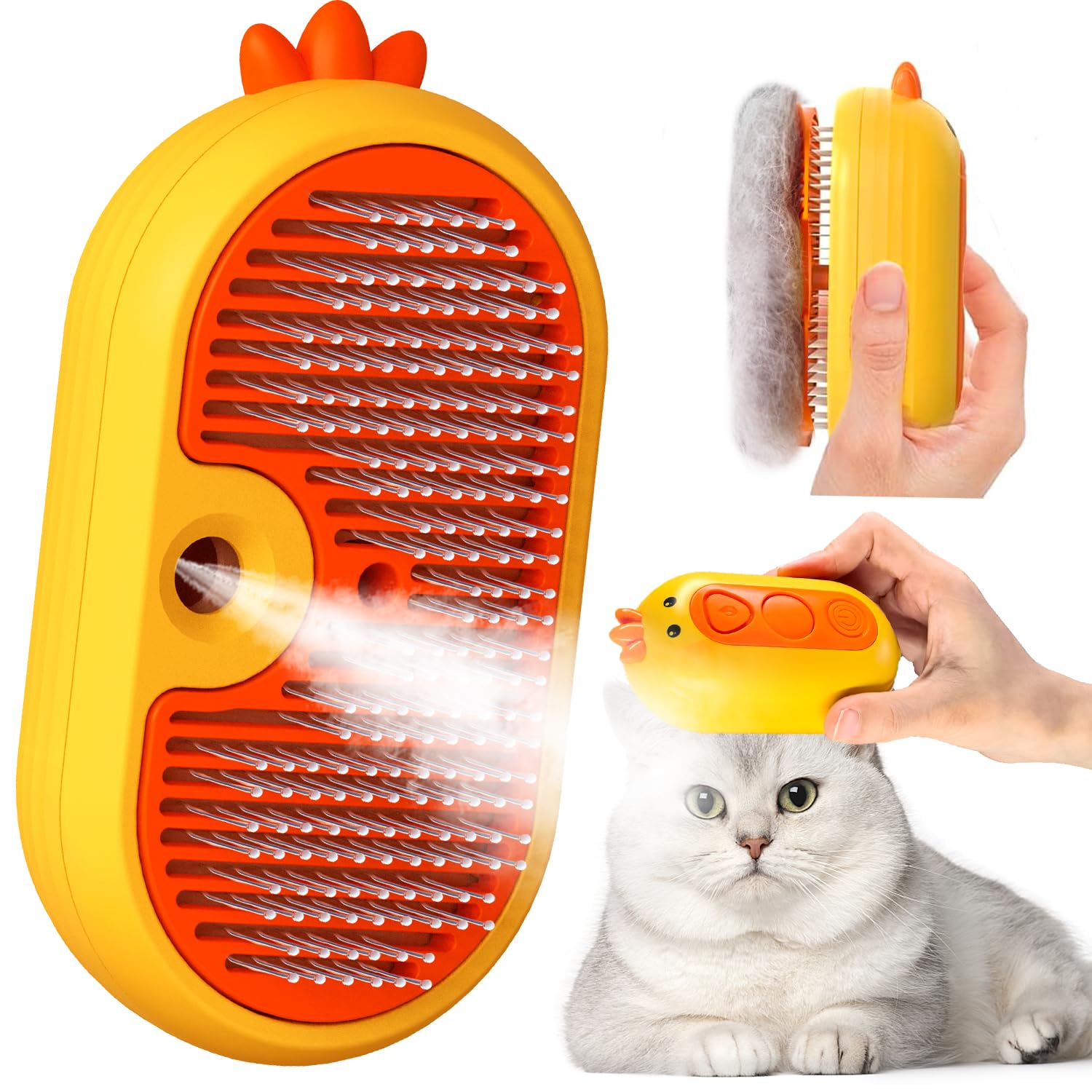 Cat Steam Brush with Release Button, Rechargeable Pet Steam Brush for Long Short Hair Cats Dogs Rabbits, Self Cleaning Slicker Steamy Cat Comb With Water Tank for Pet Shedding Grooming