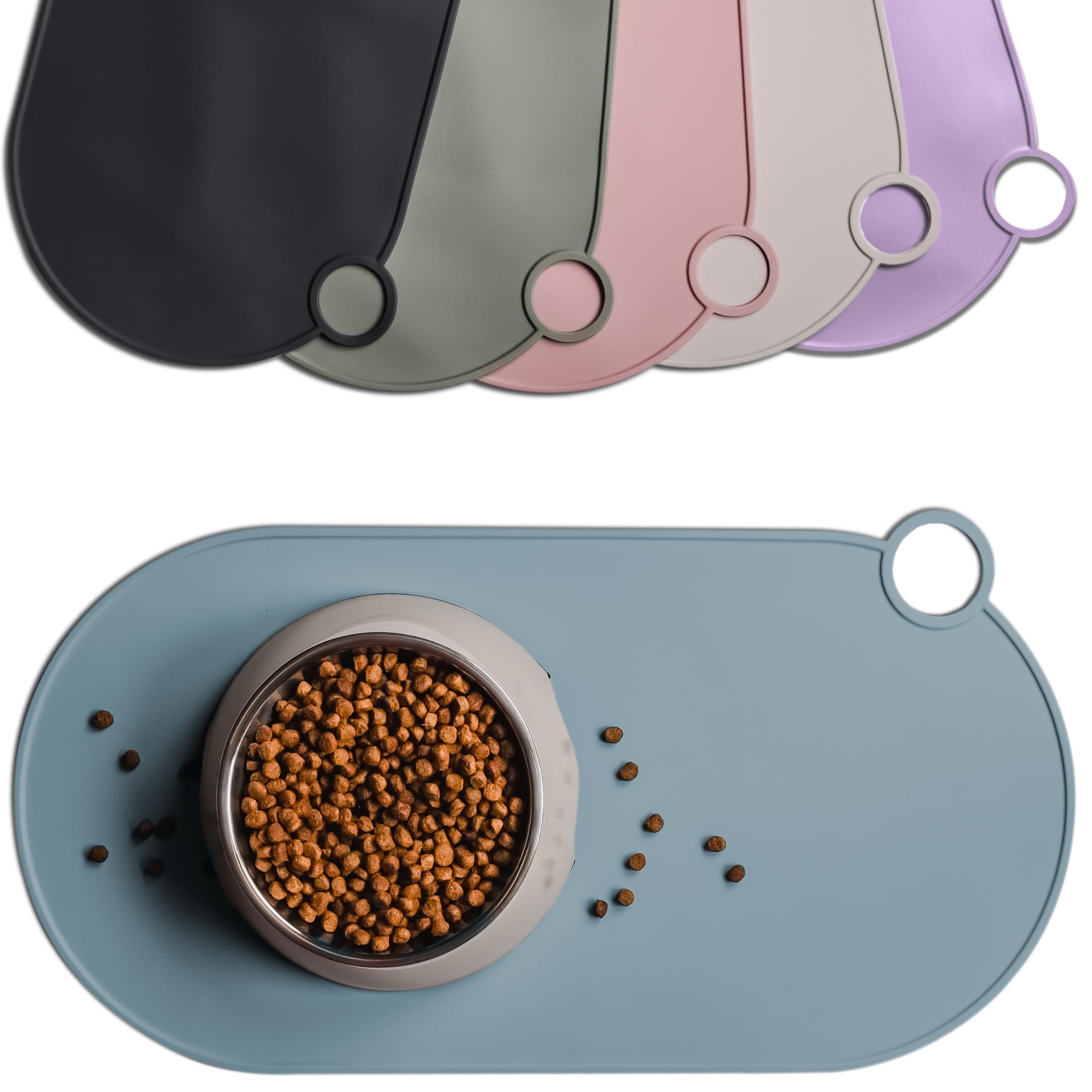 ne&no Silicone Bowl Mat for Cats and Small Dogs Cat Bowl Mat Waterproof Feeding Mat Non-Slip Silicone Mat with Hanging Loop 49 x 25 cm (Steel Blue)