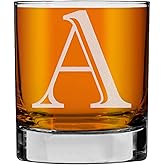 Etched Monogram 11oz Whiskey Rocks Glass (Letter A), A-Z Customized Bourbon Gifts for Men, Father’s Day, Personalized Old Fashioned Scotch Glass, Custom Engraved Gifts for Him, Initial, Name