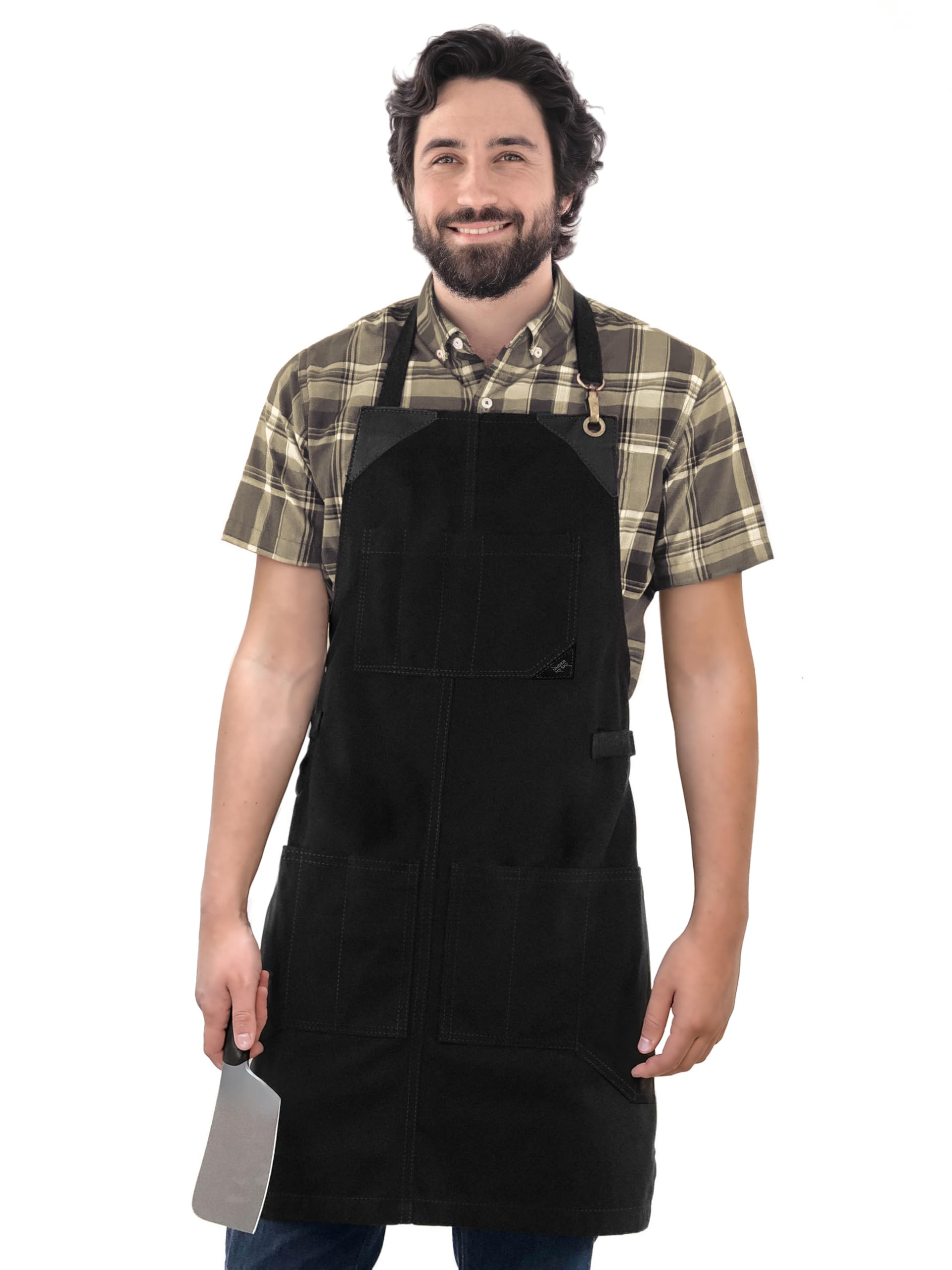 Under NY Sky Knife-Roll Ebony Black Apron – Heavy-Duty Canvas, Leather Reinforcement – Adjustable for Men and Women – Pro Chef, Barbecue, Butcher, Bartender, Woodworker, Tool Aprons