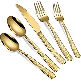 20-Piece Silverware Set, Gold Hammered Stainless Steel Flatware Sets for 4, Food-Grade Tableware Set, Including Fork Knife Spoon Set, Home Kitchen Cutlery Sets, Dishwasher Safe