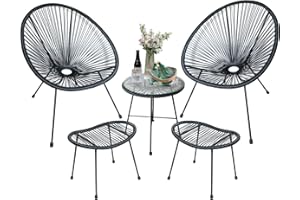 ELEGIBLISS 5-Pieces Acapulco Chair Set, Indoor & Outdoor Patio Furniture with Glass Table and Footstool, All-Weather Conversation Bistro Set, Lounge Seating Chair Set, Black