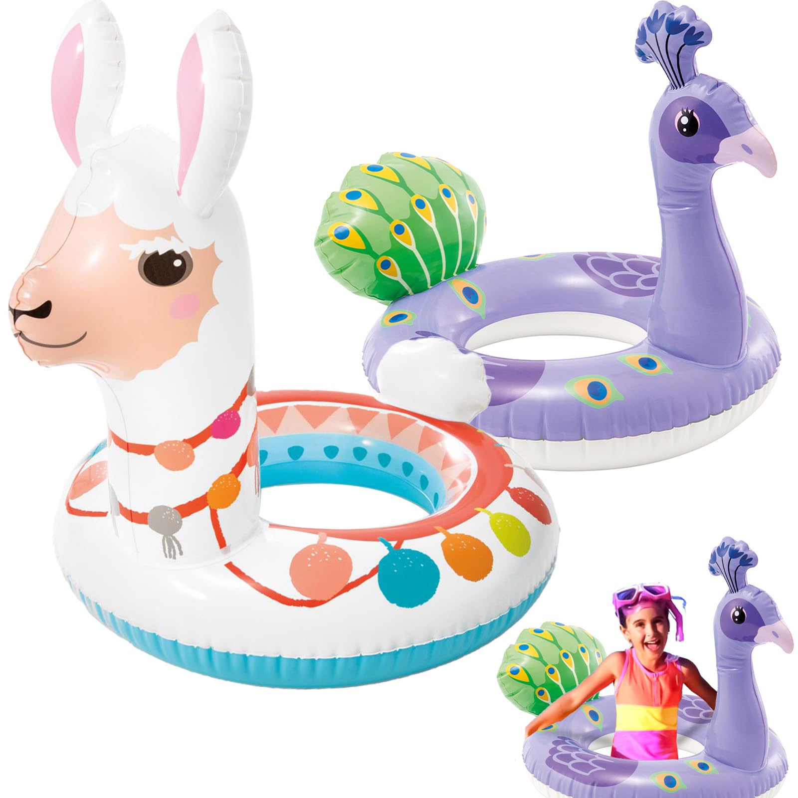 Pool Inflatables for Kids Age 2-6, Swimming Peacock 34" x 23" (86cm x 58cm) Rubber Ring Pool Floats Swimming Pool Toys for Children, Swim Ring with Tails for Boys Girls Summer Beach Water Party Toys