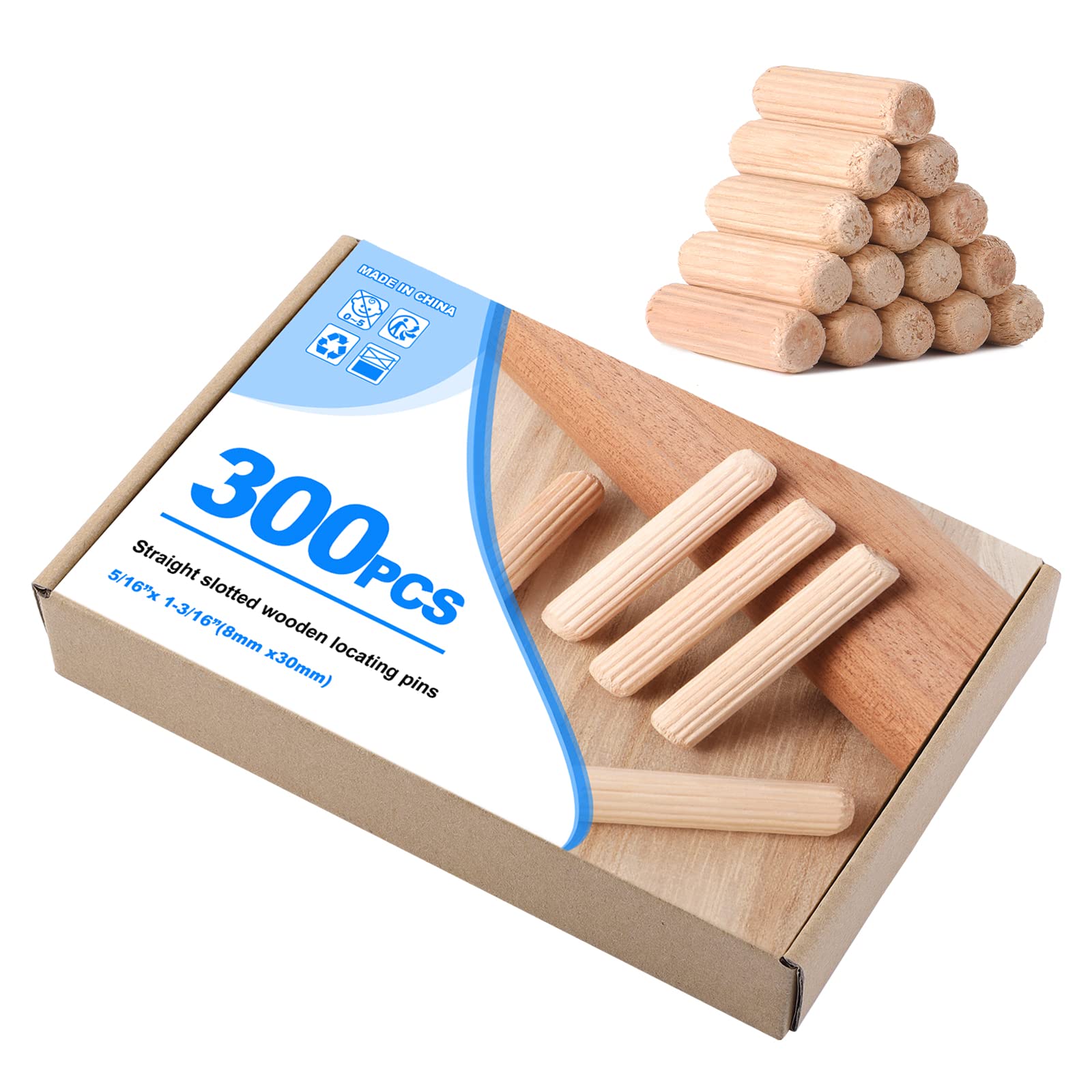 Faankiton 300 Pieces Wooden Dowel Pins 8x30mm, Straight Grooved Wooden Dowels Set with Bevelled End, Fluted Eucalyptus Hardwood Dowels, Wood Plugs for Furniture, Woodworking, and Crafting