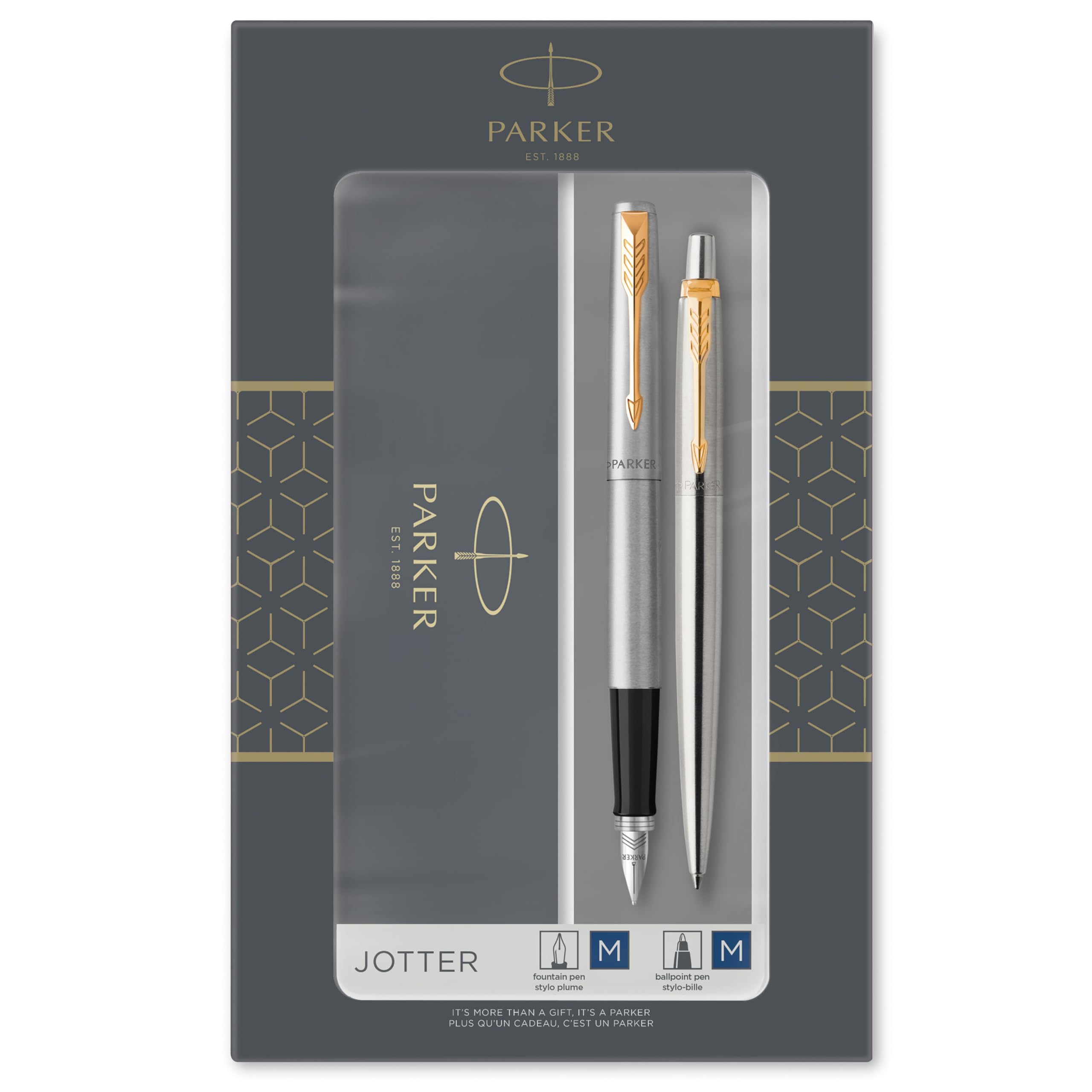 Parker Jotter Duo Gift Set with Ballpoint Pen & Fountain Pen | Stainless Steel with Gold Trim | Blue Ink Refill & Cartridges | Gift Box — image 1