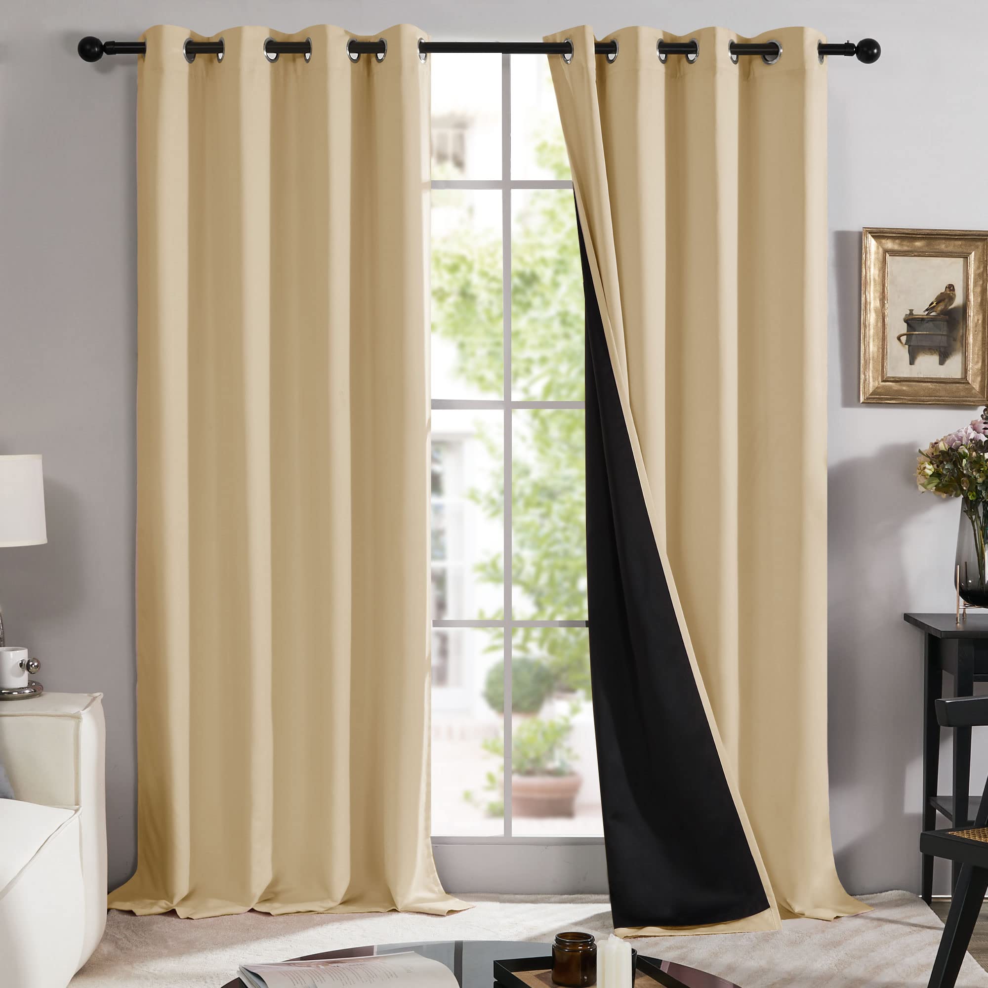 Photo 1 of Deconovo 100% Blackout Curtains with Black Liner, Thermal Insulated Noise?Reducing Grommet Drapes, Double?Layer Room Darkening for Bedroom, Nursery, Home Office, 2 Panels, Burlywood, 52W x 84L