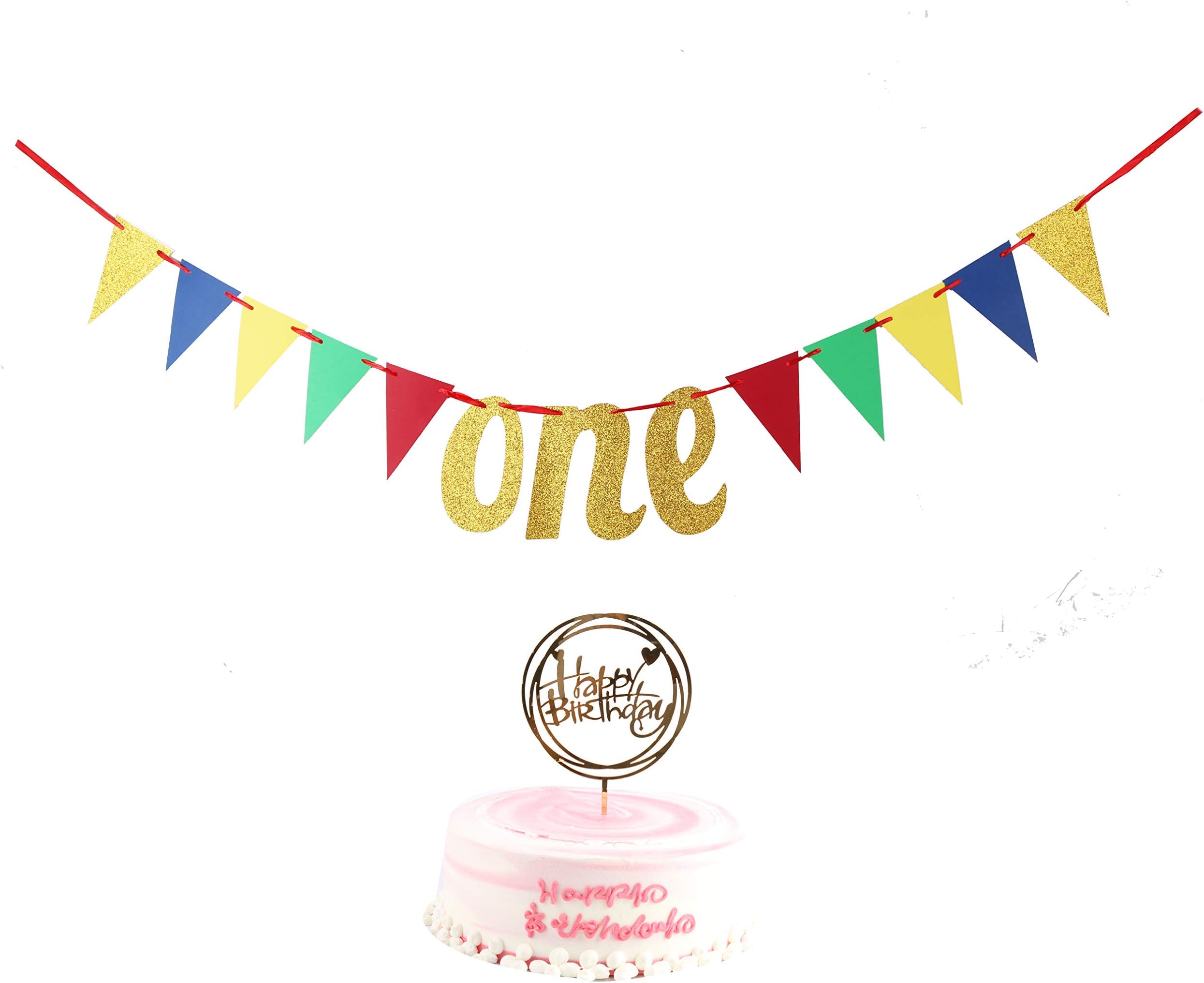 YUINYO Happy Birthday Banners - 2-Piece Set First Birthday One Banner Highchair Banner with Gold Glitter One Happy Birthday Acrylic Cake Topper Supplies Decorations