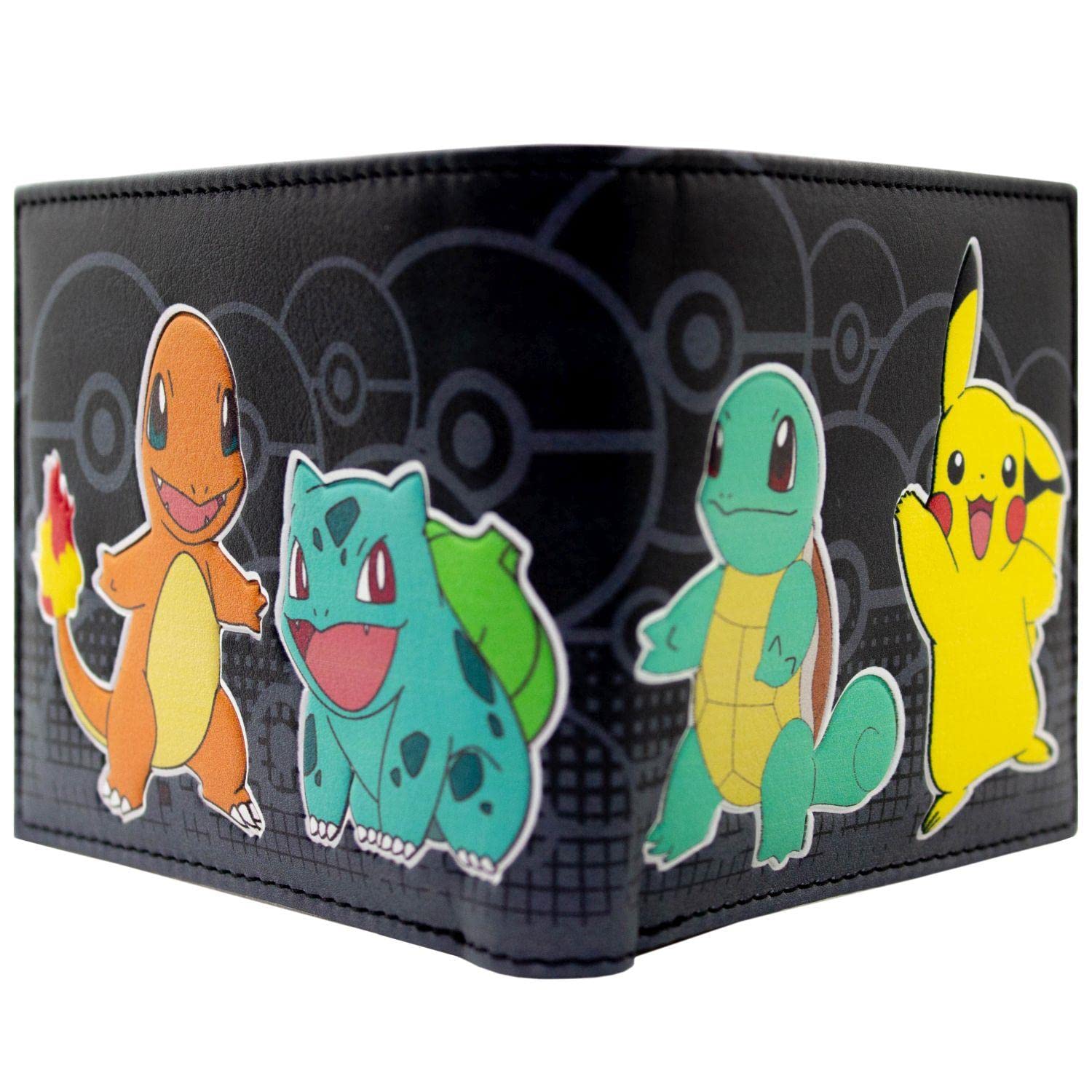 Starters Squirtle and Bulbasaur with Pikachu Black ID and Card Bi-Fold Wallet, One Size