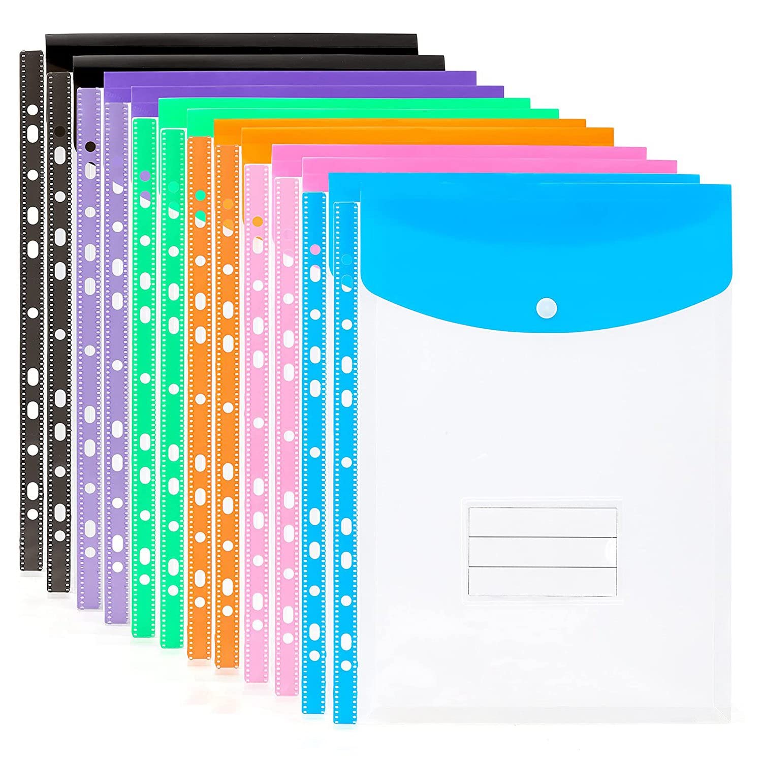 KJKVIVH 12 Pack A4 Punched Pockets Plastic Wallets - 11 Holes Expandable Binder Pocket Envelope File Folders