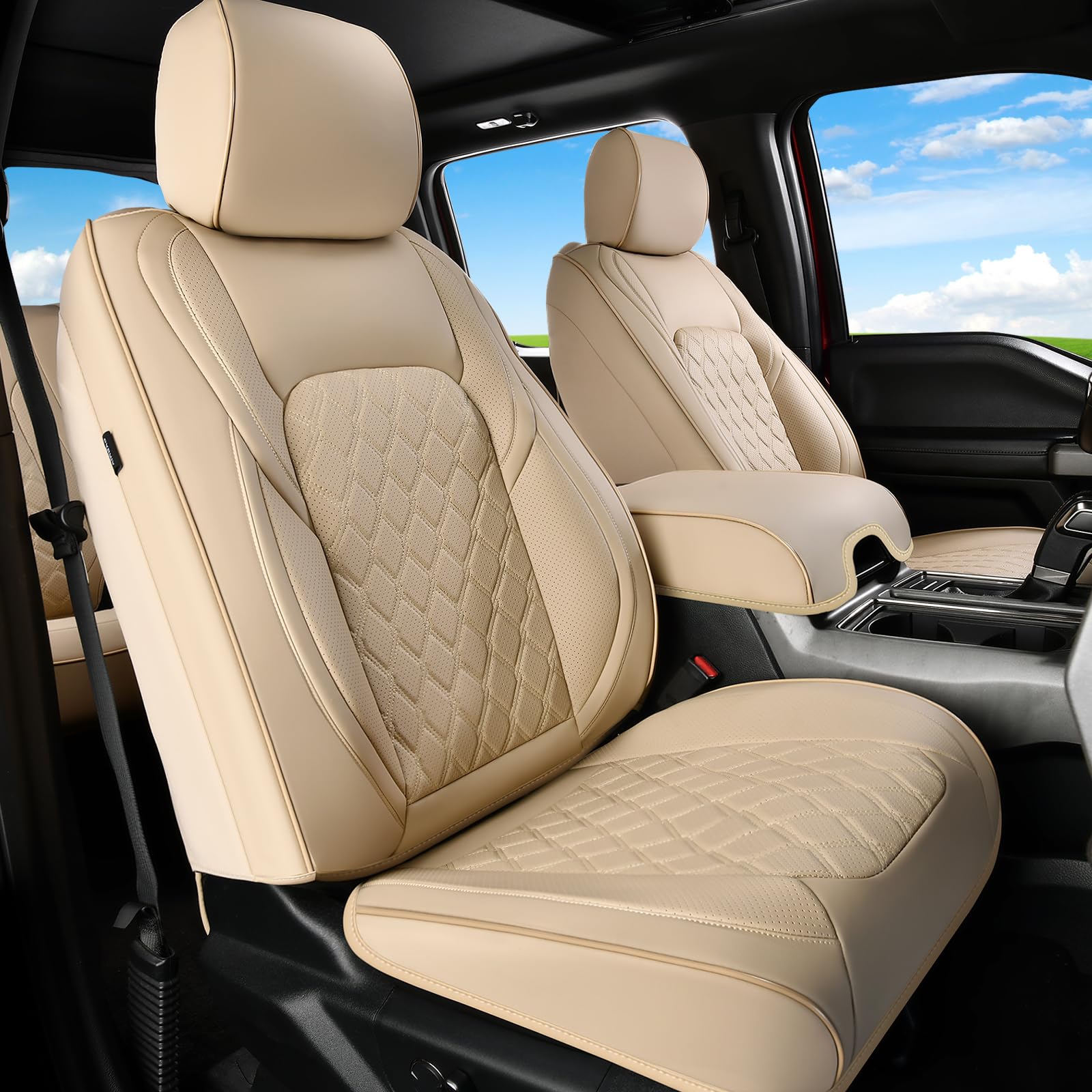 Huidasource Tacoma Front Leather Seat Covers, Car Seat Cushion Cover Fit for 3rd Gen Toyota Tacoma 2016-2023 SR SR5 Limited TRD Sport/Pro/Off Road All Cab Front Row (Front Pair/Beige) Image