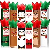 12 Pack Christmas Wine Gift Bags with Tissue Papers Xmas Wine Wrapping Bags Paper Buffalo Plaid Bottle Gift Tote with Handles Tissue Papers for Christmas New Year Wedding Decor (Multicolor, Santa)