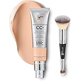 IT Cosmetics CC+ Cream with SPF 50+ Natural Finish Full Coverage Foundation (Light Neutral - 1.08 fl oz) & 2-in-1 Concealer and Foundation Brush #7 for Buffing and Blending Face Makeup