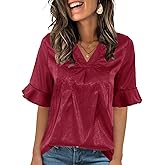 ANCAPELION Women’s Short Sleeve Blouse V Neck Business Work Tops Dressy Casual Pleated Ruffle Sleeve Shirts