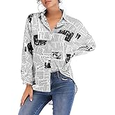 KESYOO Newspaper Print Blouse Loose Lapel Neck Shirt for Women Girls Long Sleeve Button Down Top Black