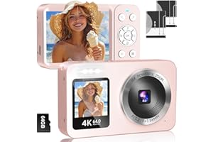 WABL Pink Digital Camera, 4K 64MP UHD Dual Screens Camera, 18X Zoom, Portable Small Point and Shoot Digital Cameras with 64GB TF Card, 2 Rechargeable Batteries for Kids, Teens, Adult, Gifts - Pink