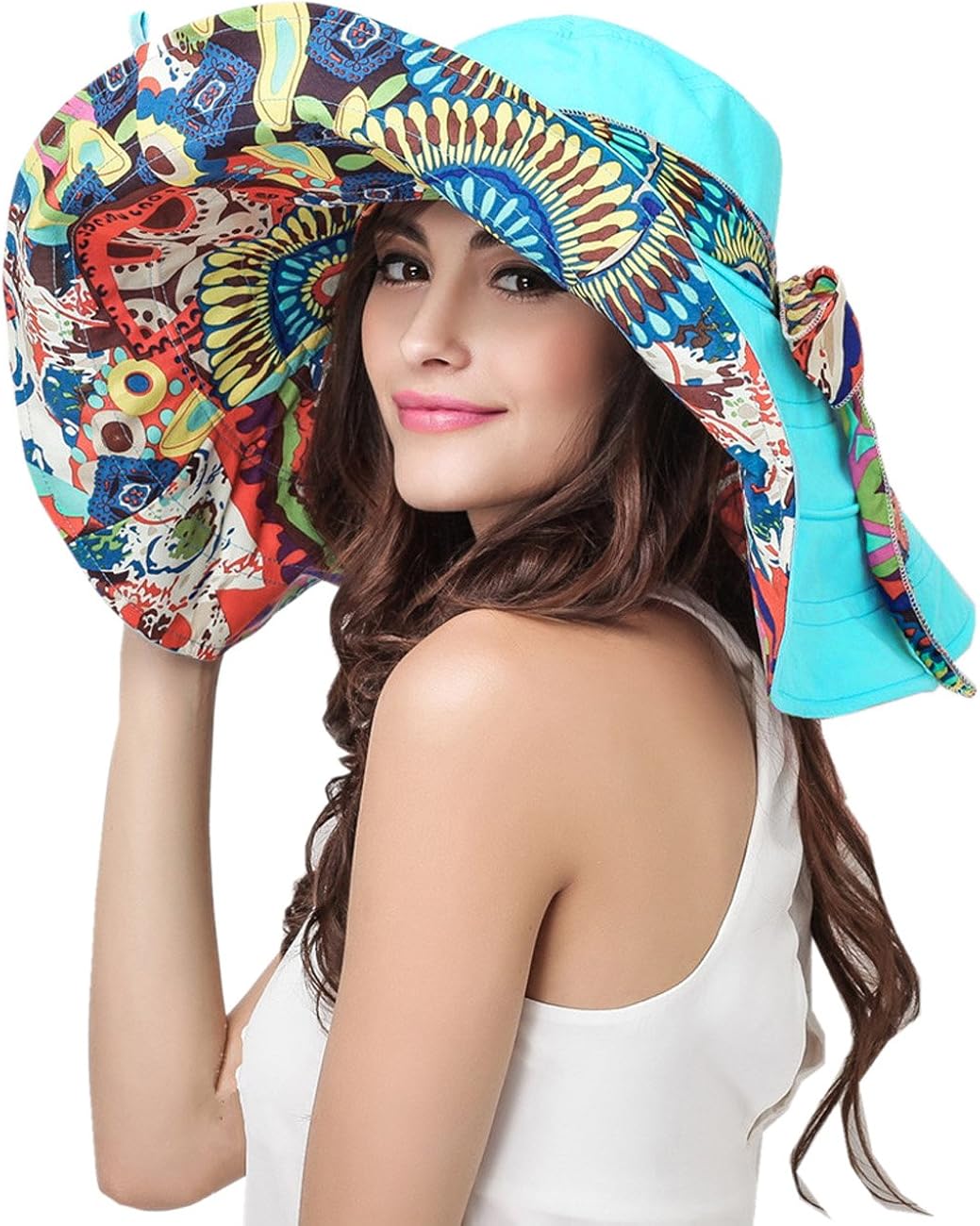 Women's Foldable Floppy Reversible Travel Beach Sun Visor Hat Wide Brim UPF 50+ Blue: Clothing