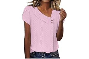 FLOLEO Eyelet Tops for Women Summer Trendy Tops Asymmetric Neck Top Classic Short Sleeve Shirts Blouse 2024 Fashion Clothes
