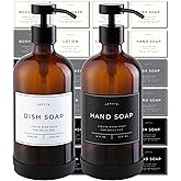Hand and Dish Soap Dispenser for Kitchen and Bathroom, Set of 2 16 Oz Glass Bottles, Stainless Steel Pumps, Non-Slip Silicone Base, 27 Waterproof Labels (Amber Bottle/Black Pump)
