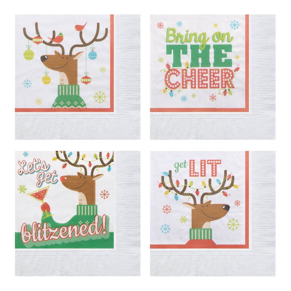 Hoffmaster 831344 Holiday Paper Beverage Napkins - Reindeer Games with 4 Designs, 10