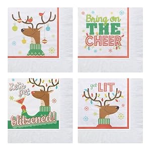 Hoffmaster 831344 Holiday Paper Beverage Napkins - Reindeer Games with 4 Designs, 10