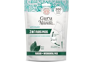 GuruNanda 2 in 1 Dental Floss Picks - Non-Slip Grip Handle, Slide Easy, No Break or Shred Flosser - Complete Oral Care with Interdental Pick for Healthy Teeth & Gums - Mint Flavor, 300 Count (1 Pack)