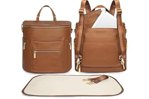 miss fong Diaper Bag Backpack Baby Diaper Bag, Large Leather Diaper Bag Backpack with Changing Pad,Pañaleras Para Bebe for Moms, Stroller Straps, and 2 Insulated Pockets(Convertible, Brown)