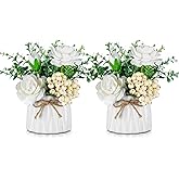 BLOSMON Table Decor Artificial Flowers Vase 7 Inch Small Fake Flower White Arrangement 2pcs Floral Arrangement for Tables Centerpieces Kitchen Dining Room Decorations Faux Flower in Vase Silk Roses