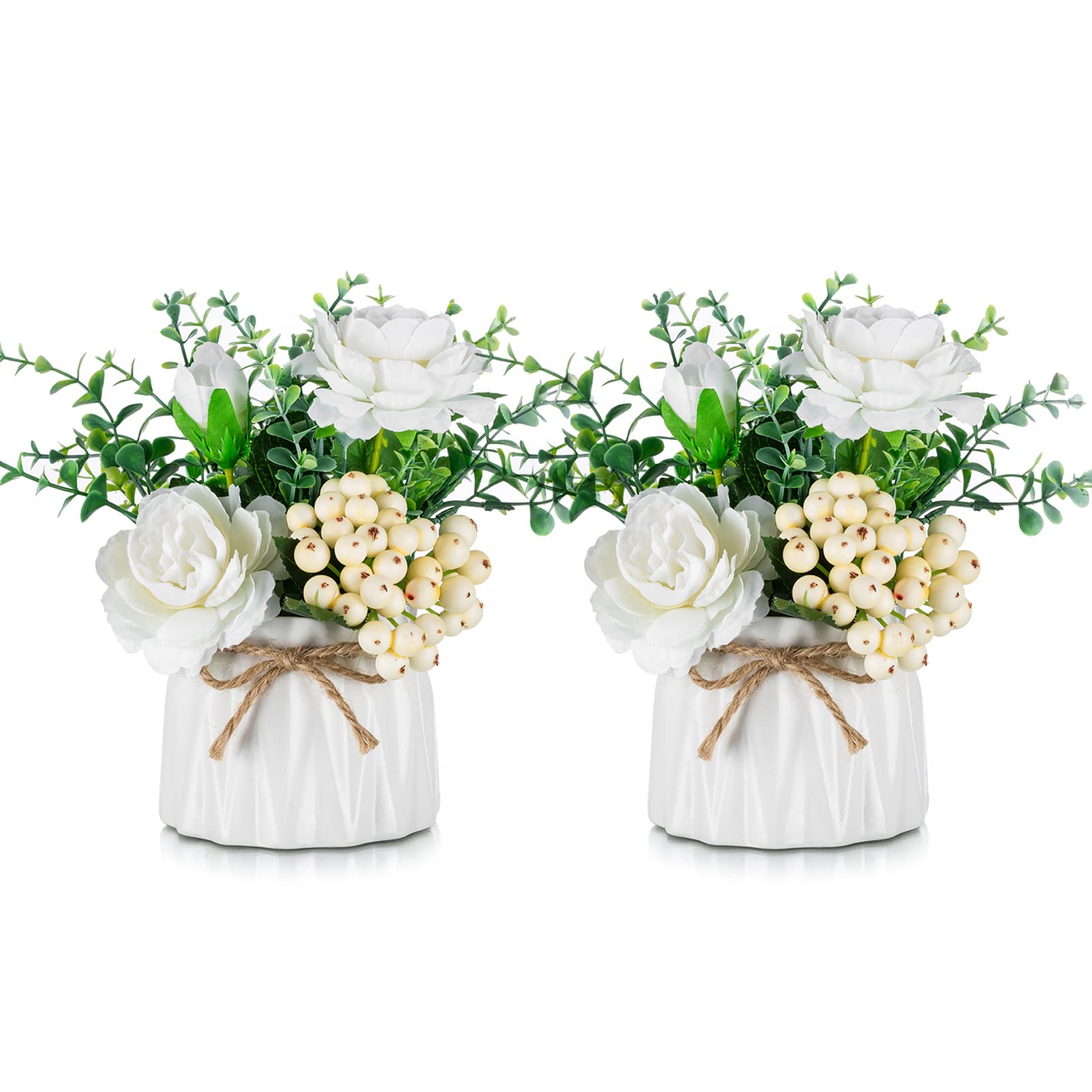 BLOSMON Artificial Flowers and Vase Decoration Fake Flower in Vases 2PCS White Plastic Rose Arrangement Table Floral Centrepieces Ornament Plant Bouquet for Wedding Room Window Garden Party Display