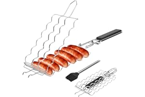 QIAN POWER Hot Dog Holders for grilling with Brush - 6 hotdog bbq basket Stainless Steel Barbecue Mesh Clip，Removable Heat-Resistant Wooden Handle for Sausages, Steak, Vegetables Cooking, Easy to Clean & Store