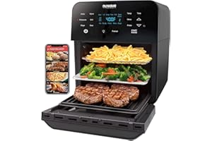 Nuwave Brio Air Fryer Oven, 15.5Qt X-Large Family Size, SS Rotisserie Basket &Skewer-Kit, Reversible Ultra Non-Stick Grill/Griddle Plate, Powerful 1800W, Integrated Smart Thermometer,Black