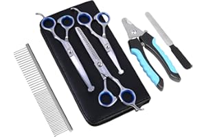 TOPGOOSE 7.5‘’ Professional Dog Grooming Scissors Set 440C Stainless Steel Straight Thinning Curved Chunker Shears 4PCS Set for Pet Grooming Services Dogs and Cats (Blue 7 in 1, Set)