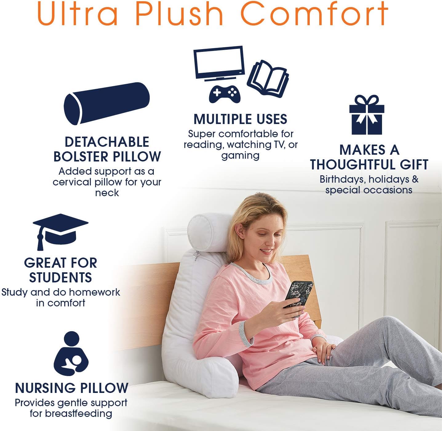 Cheer Collection Memory Foam Filled TV,Reading and Bed Rest Pillow with Detachable Cervical Bolster and Headrest Pillow, Washable Cover (Ivory): Home & Kitchen