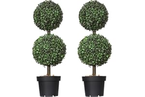 LUWENER 24in Artificial Boxwood Topiary Tree 2 Pack, Artificial Boxwood Double Ball Topiary Trees, UV Resistance Rated Faux Topiaries Tree, Fake Greenery Plants Ball Tree for Porch,Home,Garden Decor(Set of 2)