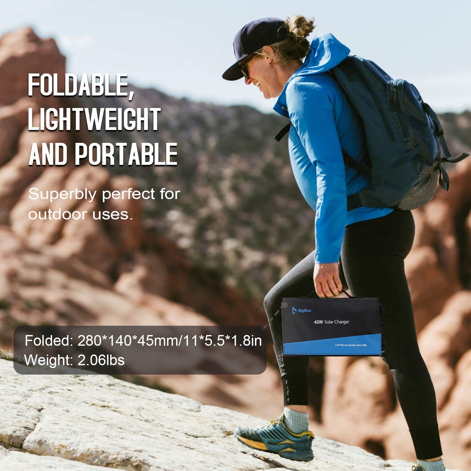BigBlue Portable Solar Charger (2 USB+DC Outputs), 42W Waterproof SunPower Solar Panel Charger for Camping and Backpacking, Foldable and Fast Charge, Compatble with Cellphones, Battery Packs, iPad etc