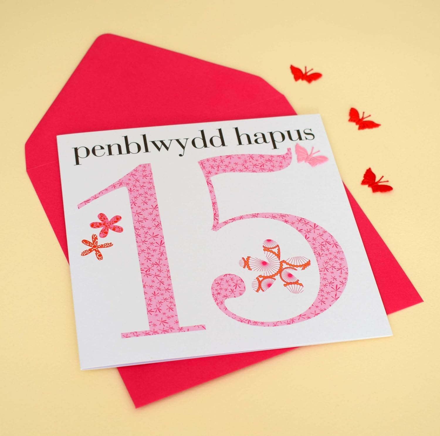 Claire Giles Greeting Cards, Welsh Happy 15th Birthday Card, Penblwydd Hapus, Age 15 Girl Greeting Card, Fabric Butterfly Embellished - Image 4