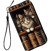 ACWDMKH Ladies Wallet,Clutch Purses for Women Wallets Leather Credit Card Holder for Women Wristlet Slim Small Cute with Zipper,Thin RFID Blocking with Wrist Strap,Cute Cat Bookshelf