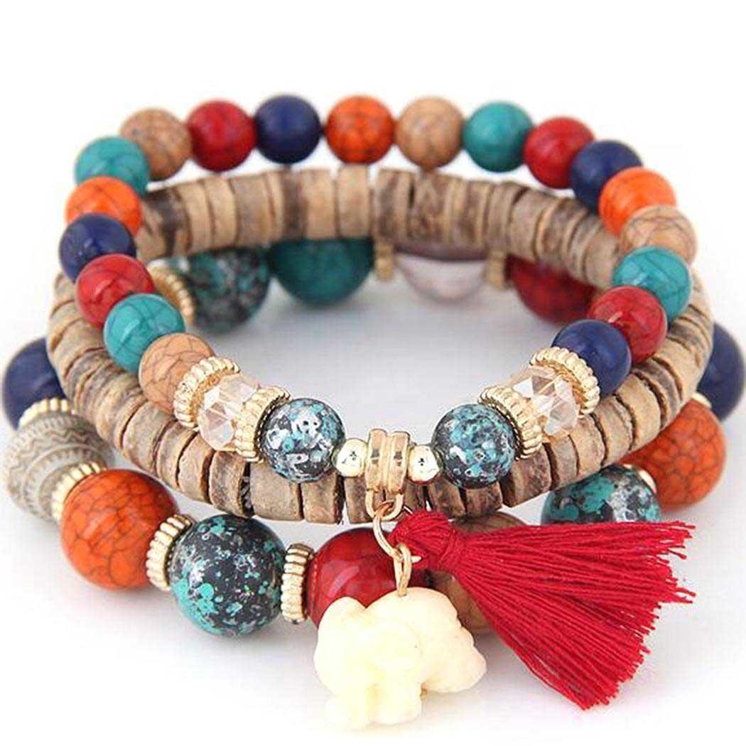 Goldenfox New Women Fashion Tassel Elephant Bangle Bracelet Beads Wristband Strand