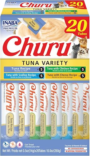 INABA Churu Cat Treats, Grain-Free, Lickable, Squeezable Creamy Purée Cat Treat/Topper with Vitamin E & Taurine, 0.5 Ounces Each Tube, 20 Tubes, Tuna Variety Box