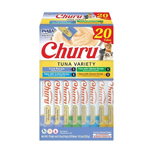 INABA Churu Cat Treats, Grain-Free, Lickable, Squeezable Creamy Purée Cat Treat/Topper with Vitamin E & Taurine, 0.5 Ounces Each Tube, 20 Tubes, Tuna Variety Box