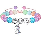 Hidepoo Valentines Gifts for Kids Girls - Unicorn Bracelet for Girls Gifts Adjustable Beads and Rhinestone Balls Unicorn Initial Bracelet Jewelry Birthday Gift Valentines Gift for Girl Kids Teens